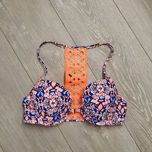 Aerie Geo Coral Swimwear T-back Top (front clasp bra)
